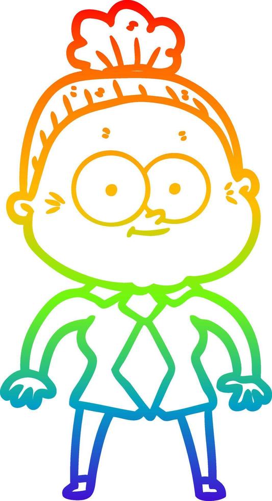 rainbow gradient line drawing cartoon happy old woman vector