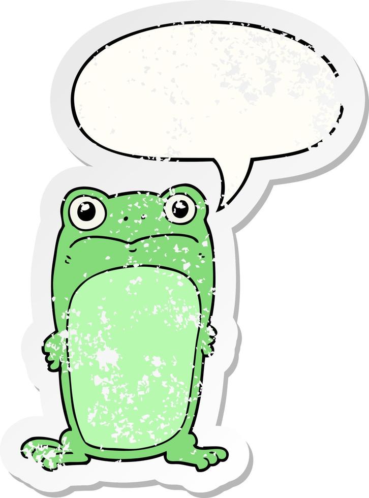 cartoon staring frog and speech bubble distressed sticker vector