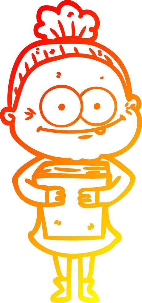 warm gradient line drawing cartoon happy old woman vector