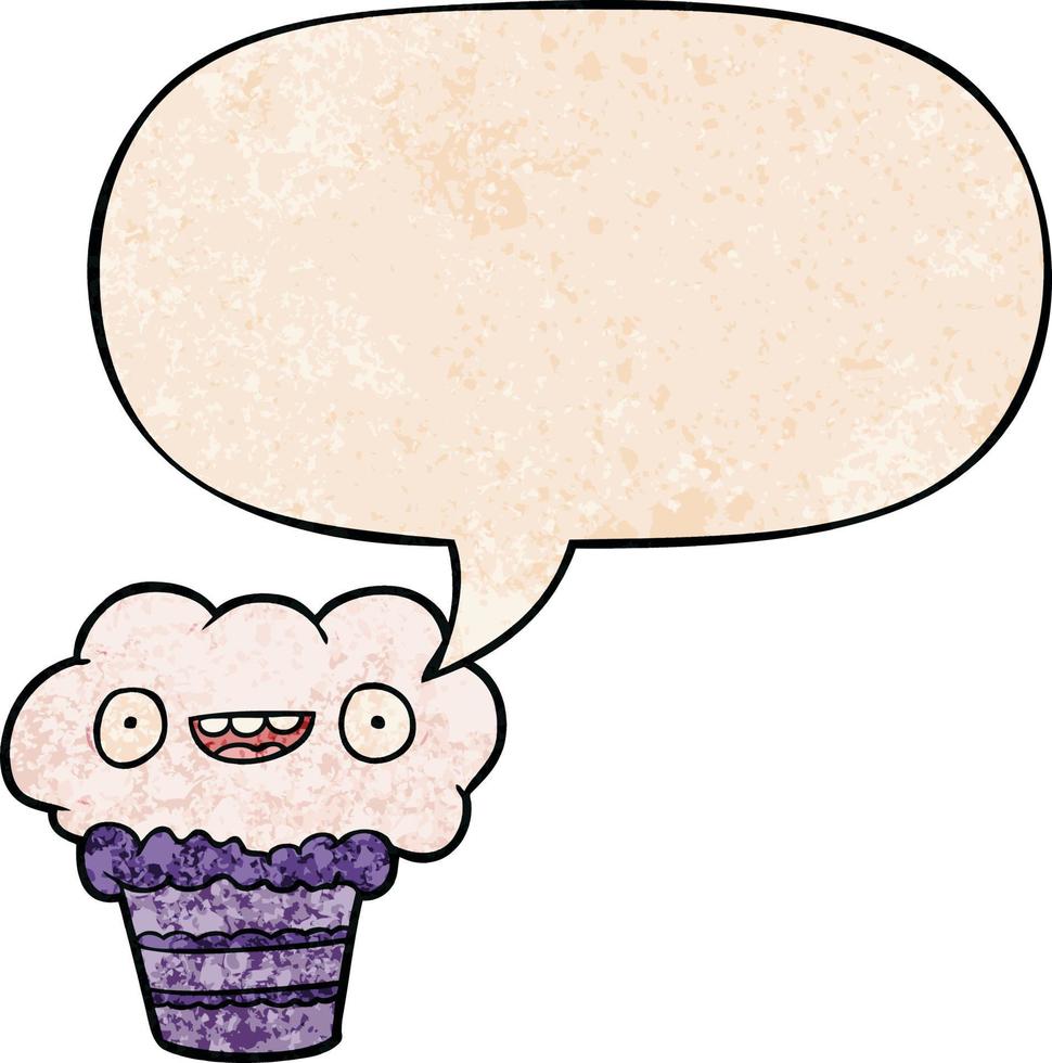 funny cartoon cupcake and speech bubble in retro texture style vector