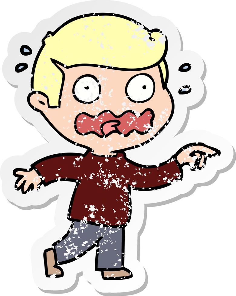 distressed sticker of a cartoon stressed out pointing vector