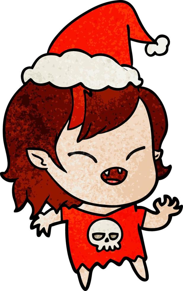 textured cartoon of a laughing vampire girl wearing santa hat vector