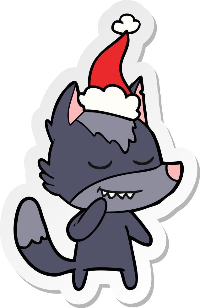 friendly sticker cartoon of a wolf wearing santa hat vector