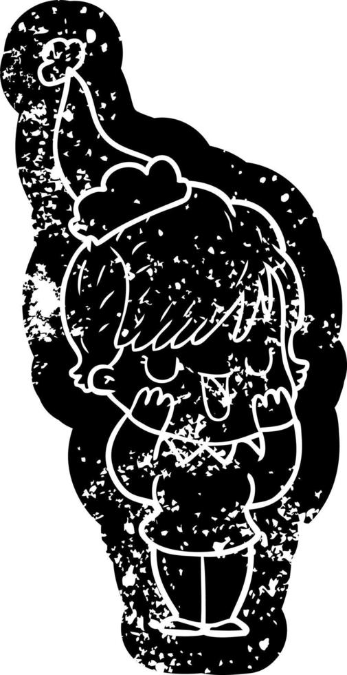 cartoon distressed icon of a woman talking wearing santa hat vector