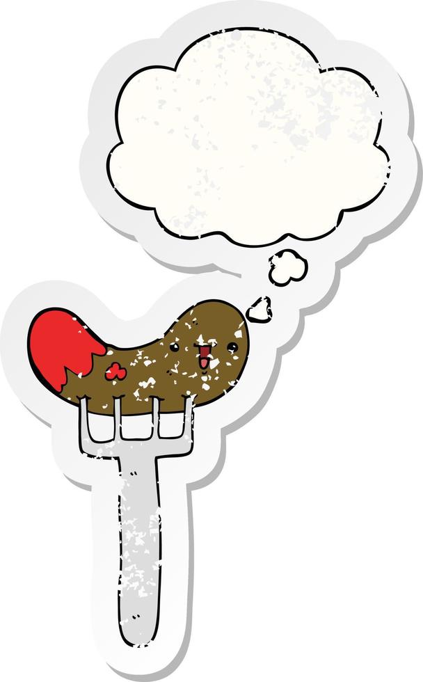 cartoon sausage and fork and thought bubble as a distressed worn sticker vector