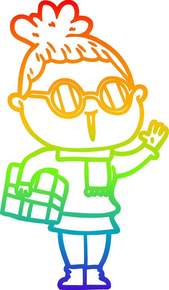 rainbow gradient line drawing cartoon woman wearing spectacles vector