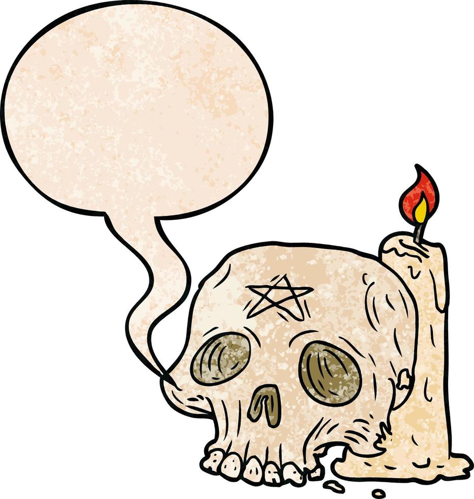 cartoon spooky skull and candle and speech bubble in retro texture style vector