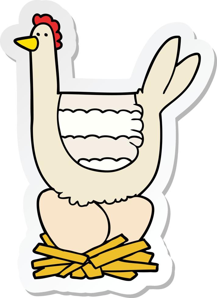 sticker of a cartoon chicken sitting on eggs in nest vector