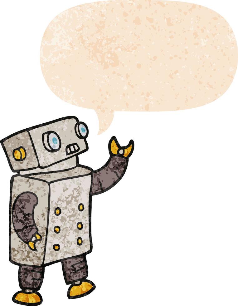 robot de dibujos animados y burbuja de habla en estilo retro texturizado vector