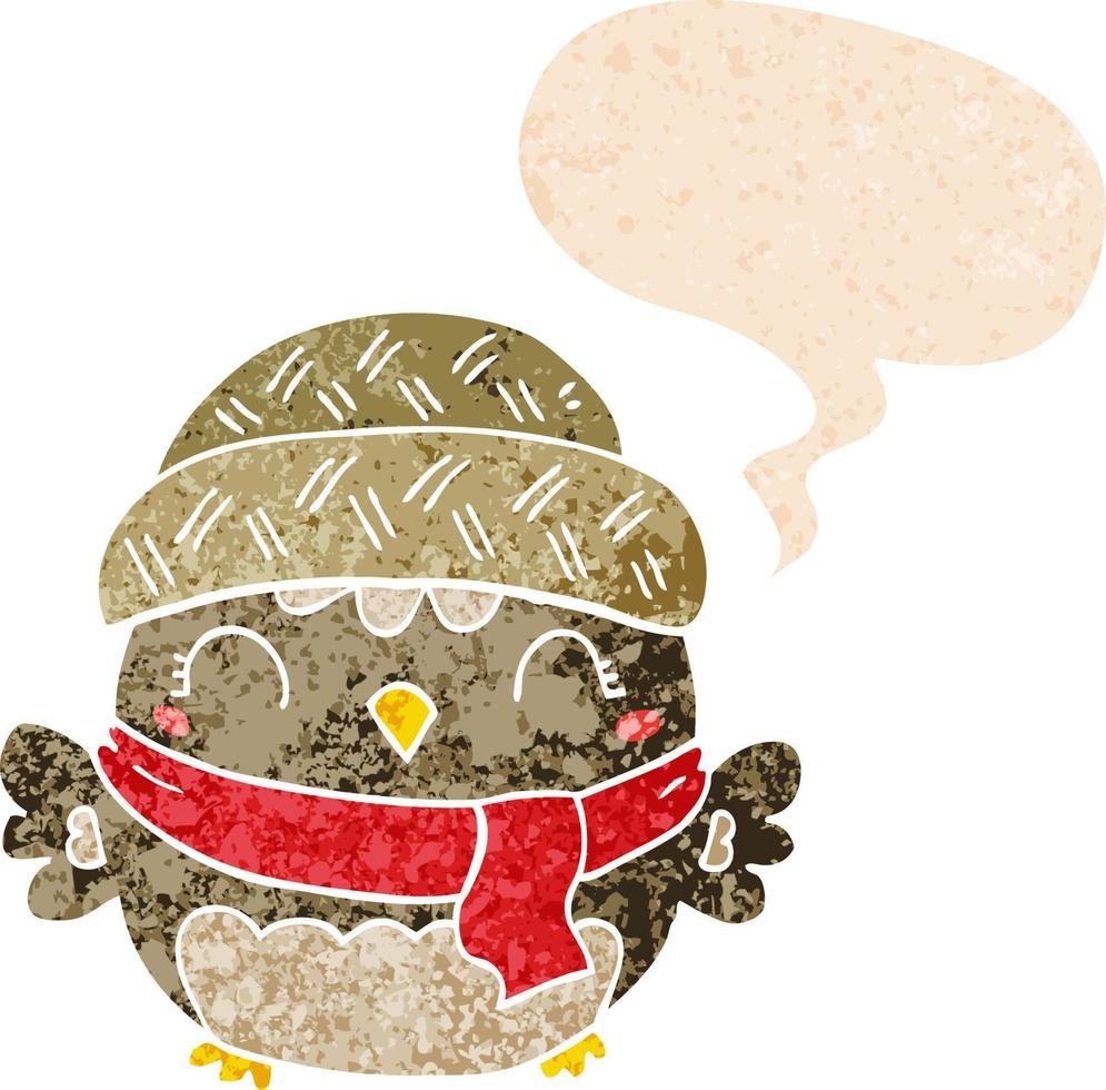 cute cartoon owl in hat and speech bubble in retro textured style vector
