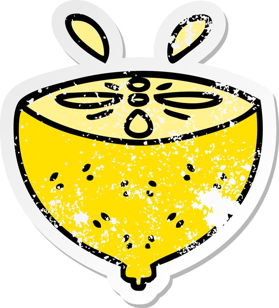 distressed sticker of a quirky hand drawn cartoon lemon vector