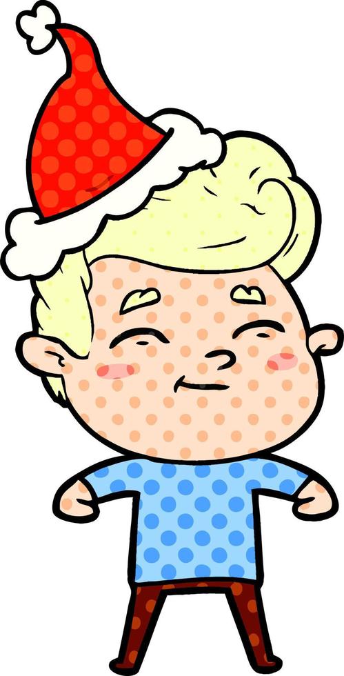 happy comic book style illustration of a man wearing santa hat vector