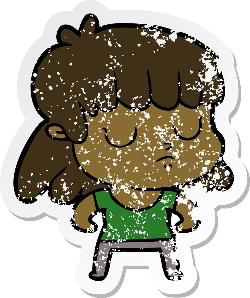 distressed sticker of a cartoon indifferent woman vector