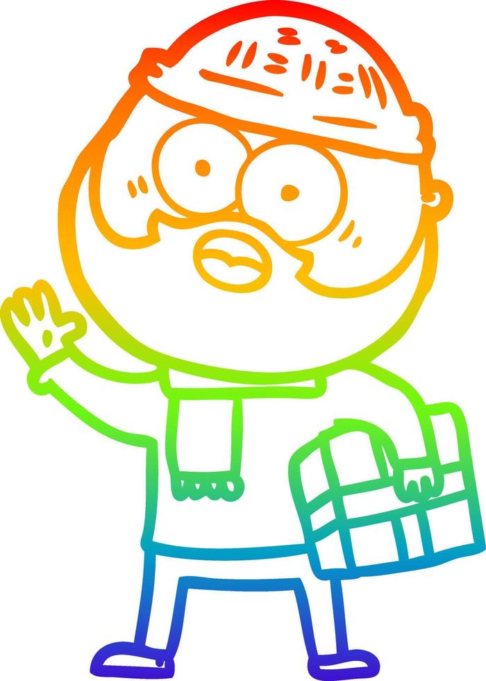 rainbow gradient line drawing cartoon bearded man with present vector