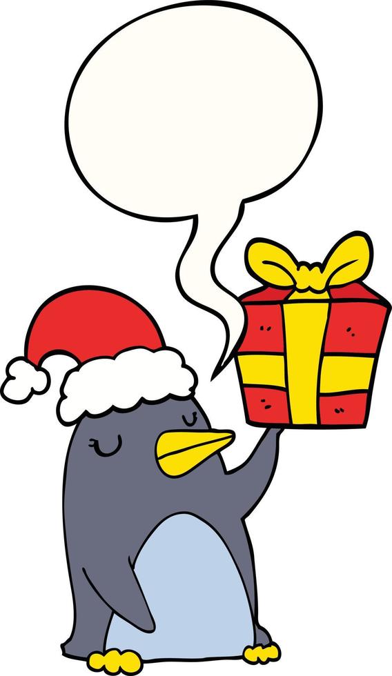 pingüino de dibujos animados y regalo de navidad y bocadillo vector