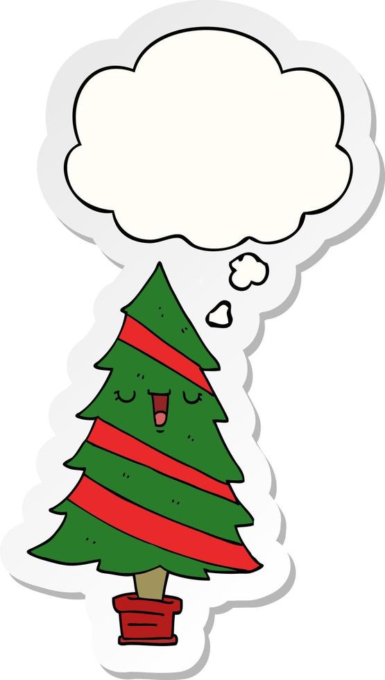 cartoon christmas tree and thought bubble as a printed sticker vector