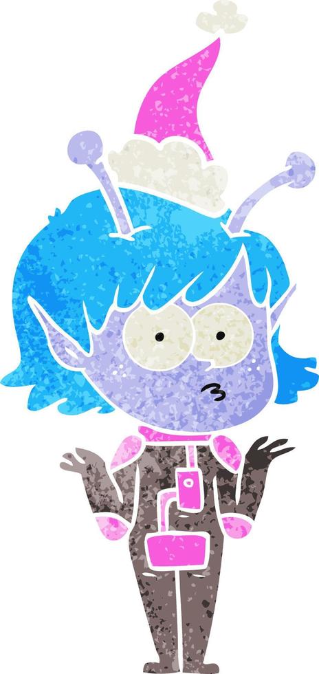 retro cartoon of a alien girl wearing santa hat vector