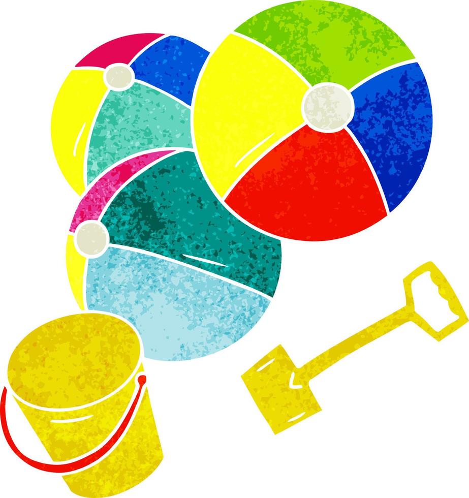 retro cartoon doodle beach balls with a bucket and spade vector