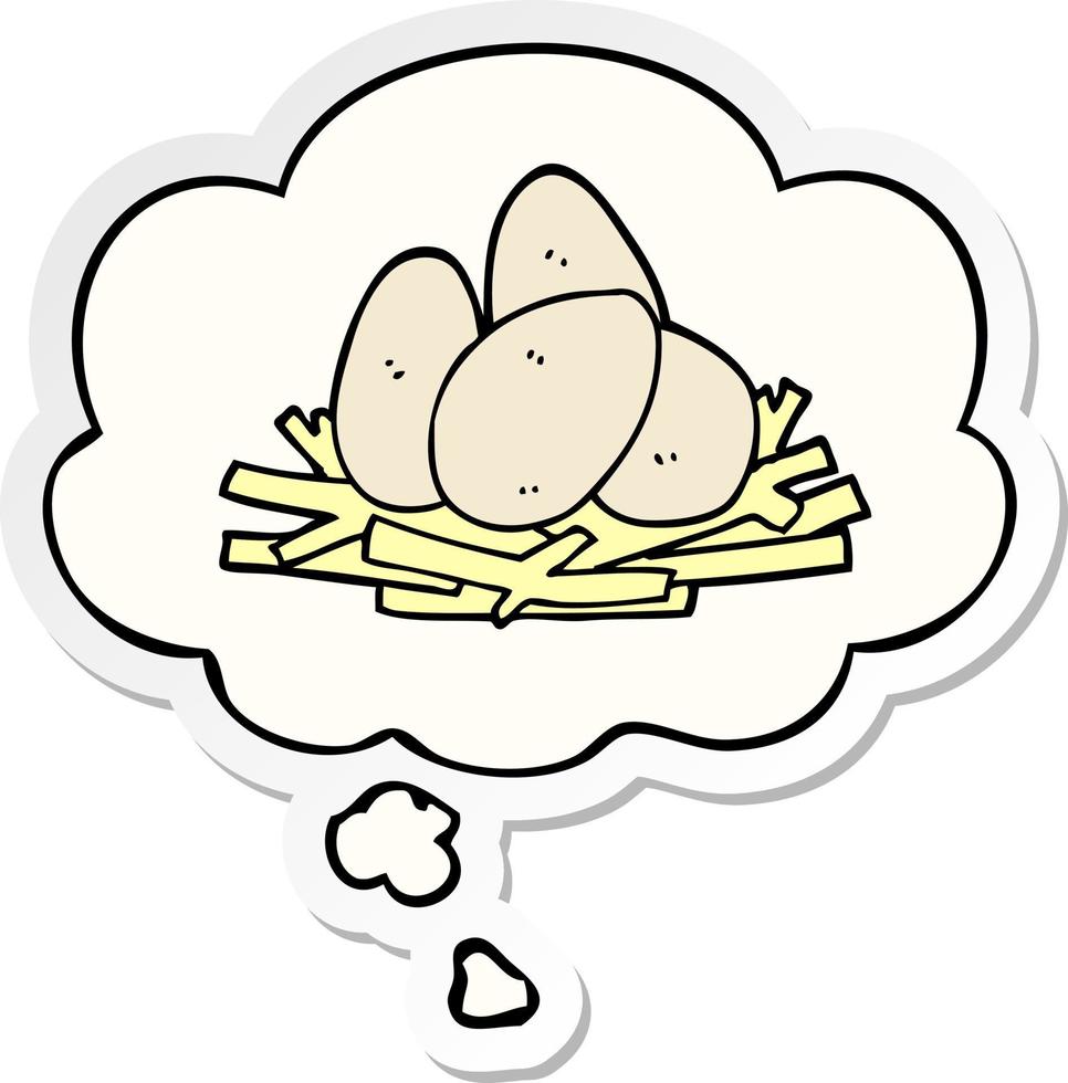 cartoon eggs in nest and thought bubble as a printed sticker vector