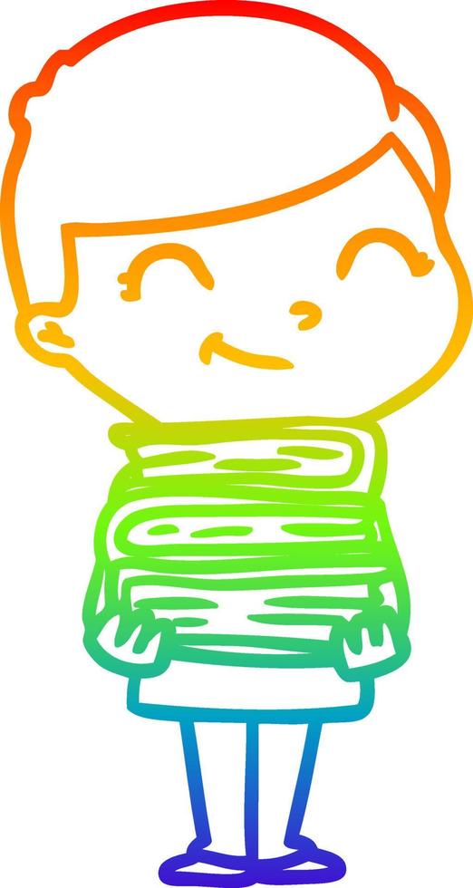 rainbow gradient line drawing cartoon boy with books smiling vector