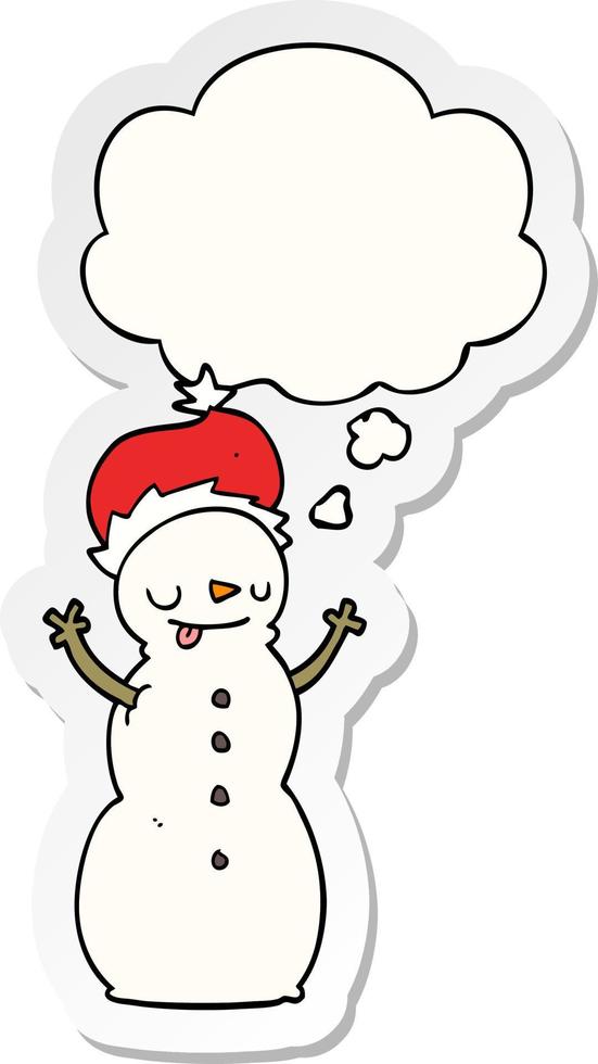 muñeco de nieve de navidad de dibujos animados y burbuja de pensamiento como una pegatina impresa vector