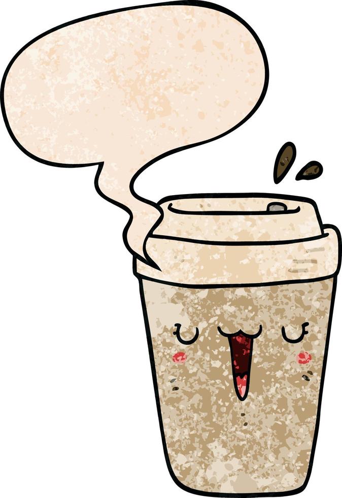 cartoon coffee cup and speech bubble in retro texture style vector