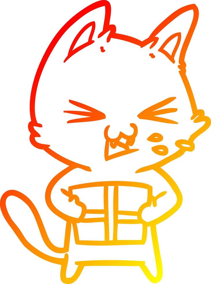 warm gradient line drawing cartoon hissing cat with christmas present vector