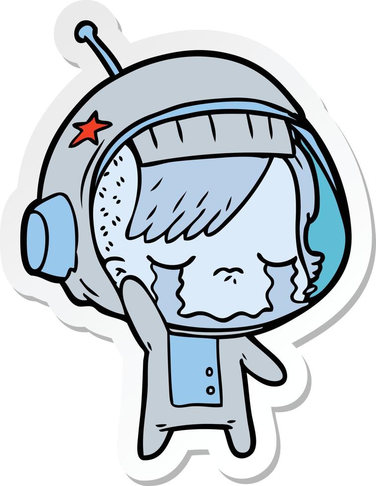 sticker of a cartoon crying astronaut girl waving goodbye vector