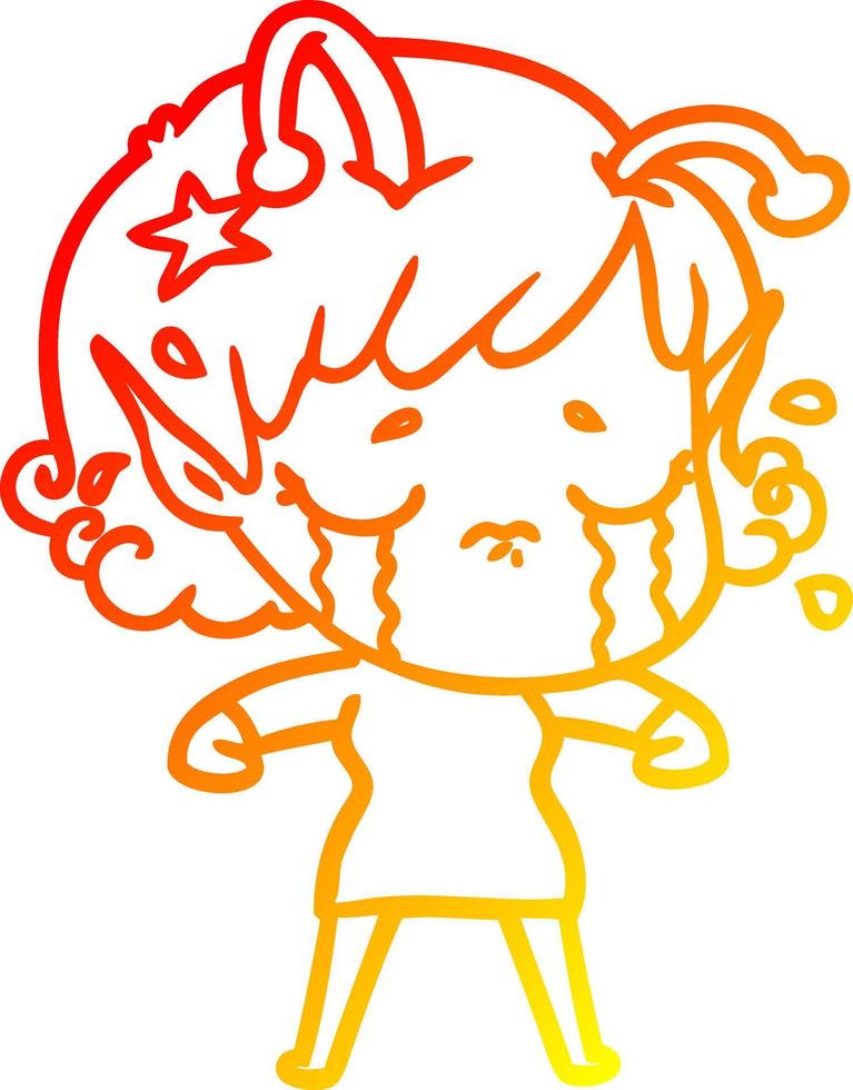 warm gradient line drawing cartoon crying alien girl vector