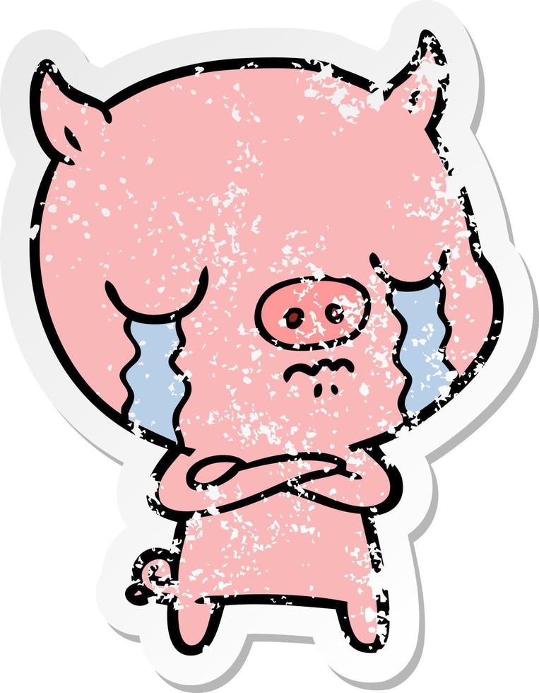 distressed sticker of a cartoon pig crying vector