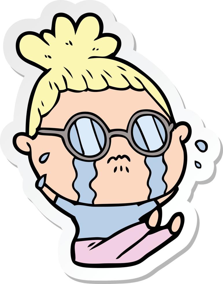 sticker of a cartoon crying woman wearing spectacles vector