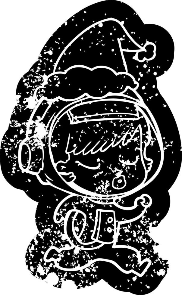 cartoon distressed icon of a pretty astronaut girl running wearing santa hat vector