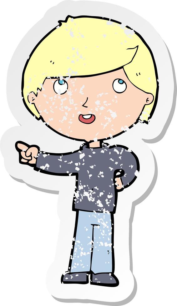 retro distressed sticker of a cartoon boy pointing vector