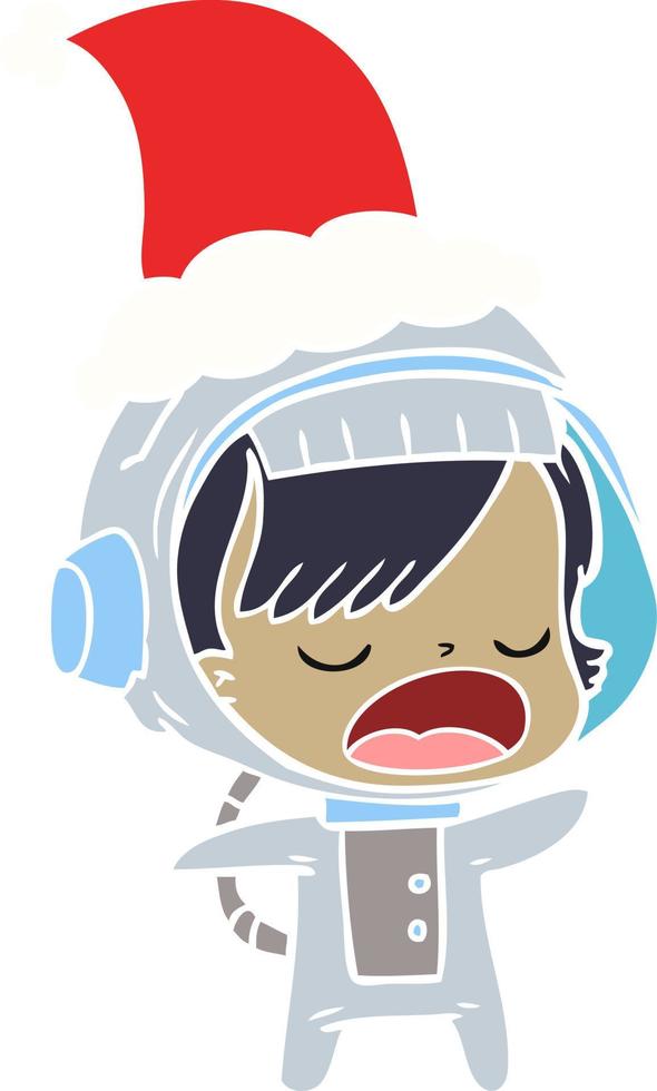 flat color illustration of a talking astronaut woman wearing santa hat vector