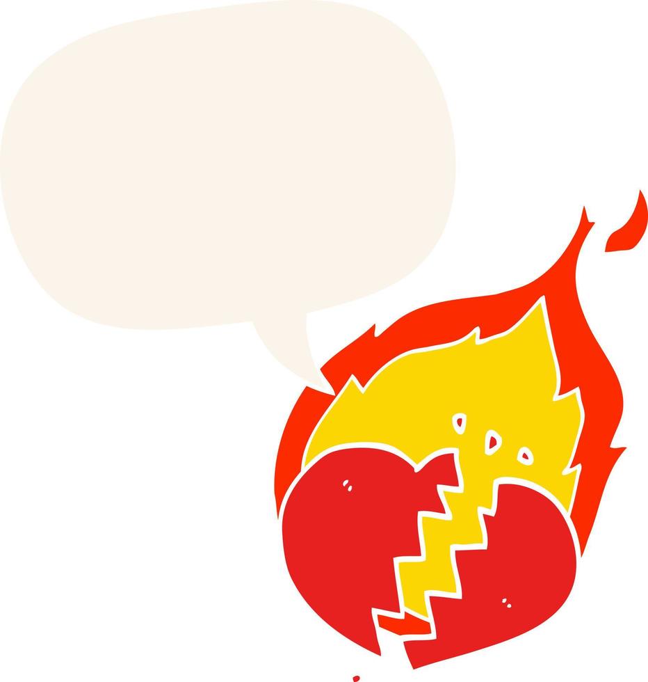 cartoon flaming heart and speech bubble in retro style vector