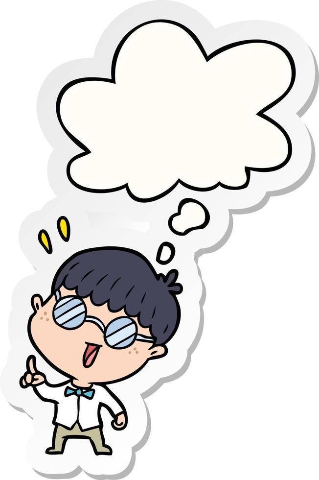 cartoon clever boy and thought bubble as a printed sticker vector