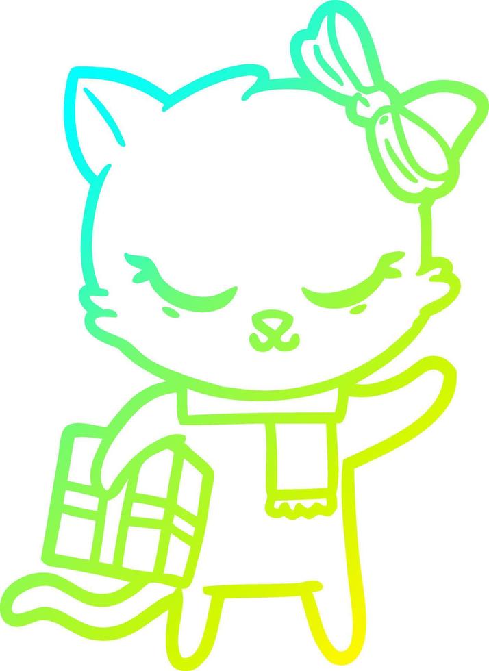 cold gradient line drawing cute cartoon cat with present vector