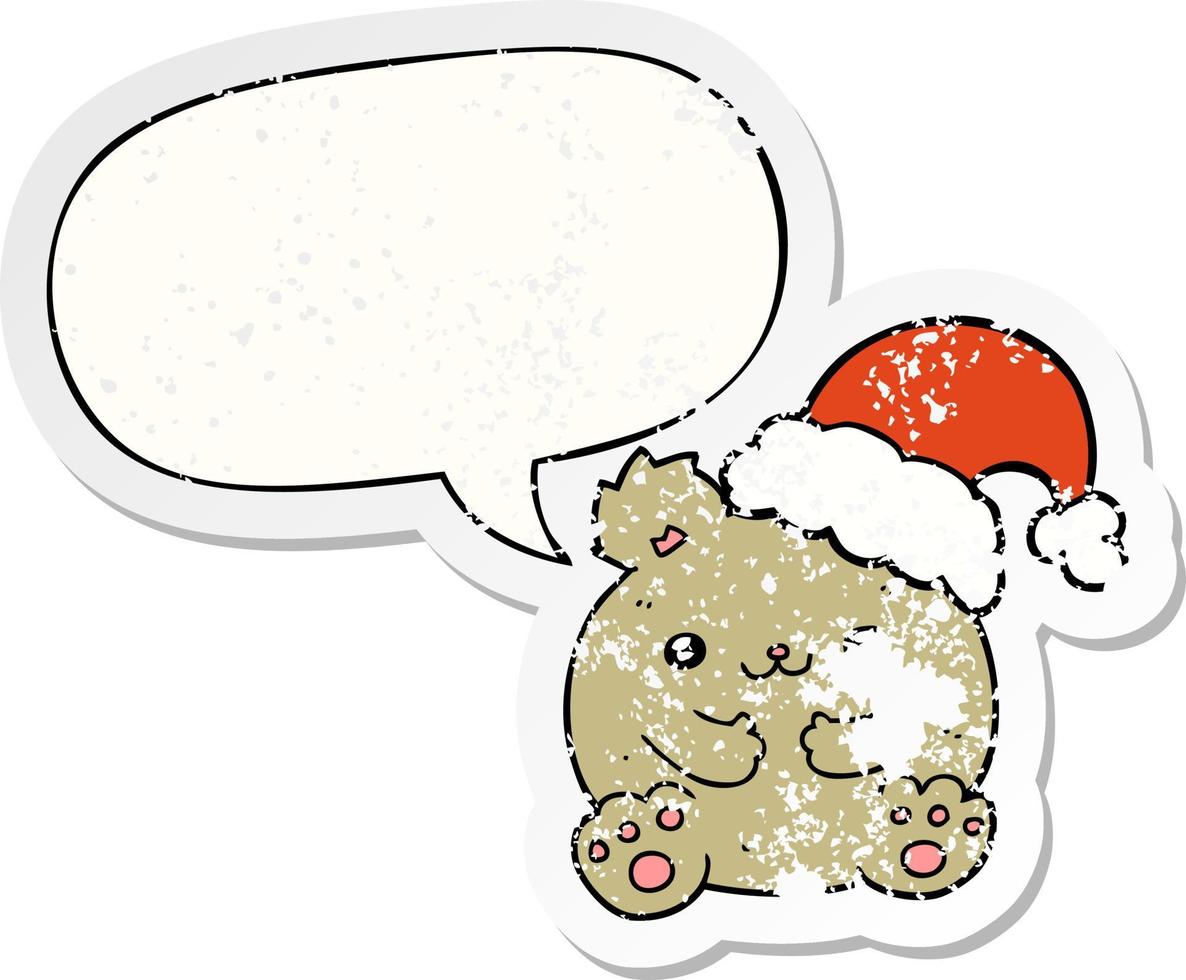 cute cartoon christmas bear and speech bubble distressed sticker vector