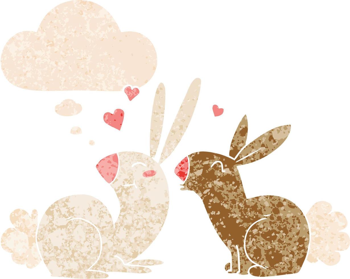 cartoon rabbits in love and thought bubble in retro textured style vector