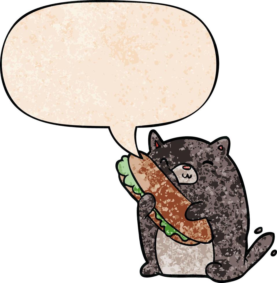 gato de dibujos animados que ama el sándwich increíble que acaba de hacer para el almuerzo y la burbuja del habla en estilo de textura retro vector