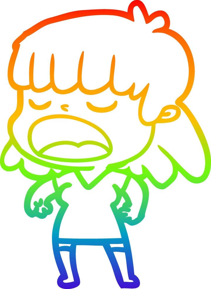 rainbow gradient line drawing cartoon woman talking loudly vector