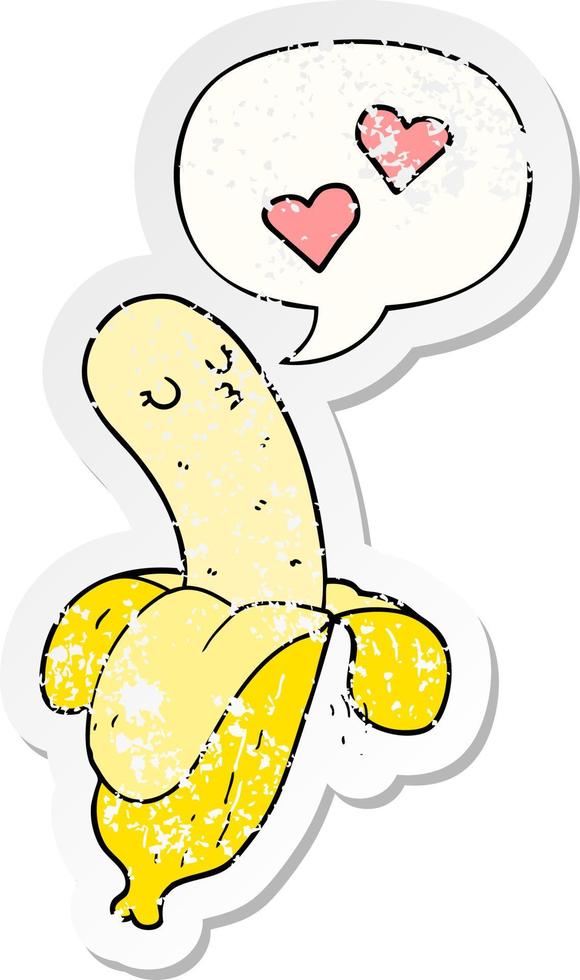 cartoon banana in love and speech bubble distressed sticker vector