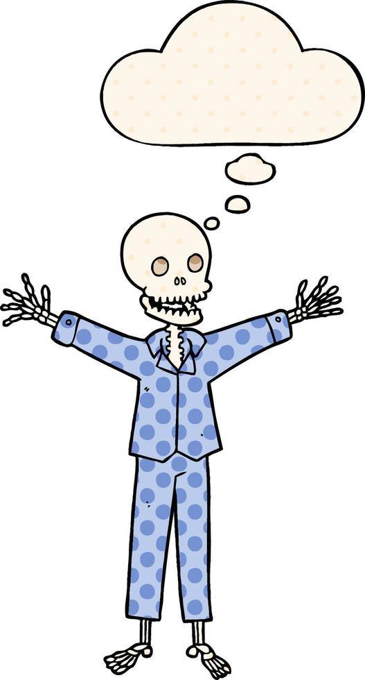 cartoon skeleton wearing pajamas and thought bubble in comic book style vector