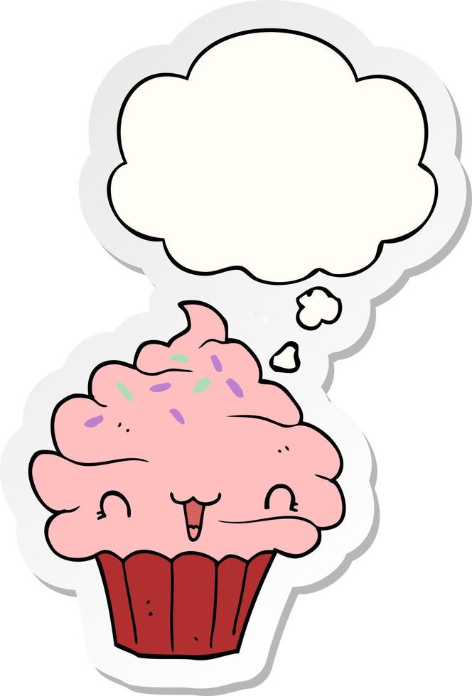 lindo cupcake helado de dibujos animados y burbuja de pensamiento como una pegatina impresa vector