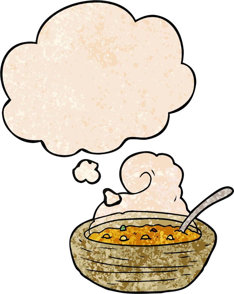 cartoon bowl of hot soup and thought bubble in grunge texture pattern style vector