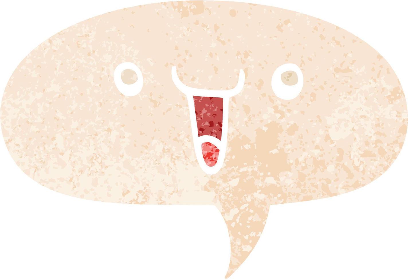 cute happy cartoon face and speech bubble in retro textured style vector