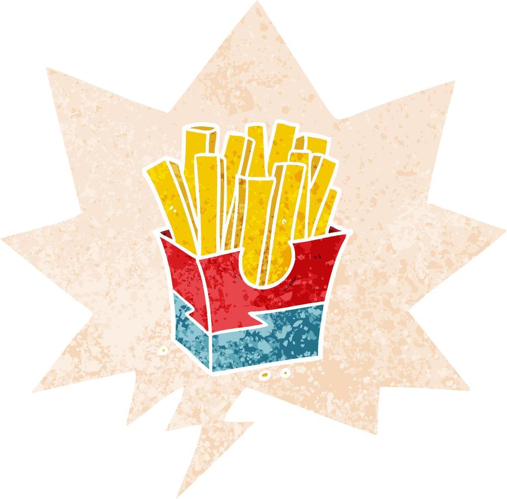 cartoon fries and speech bubble in retro textured style vector