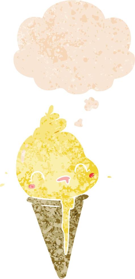 cute cartoon ice cream and thought bubble in retro textured style vector