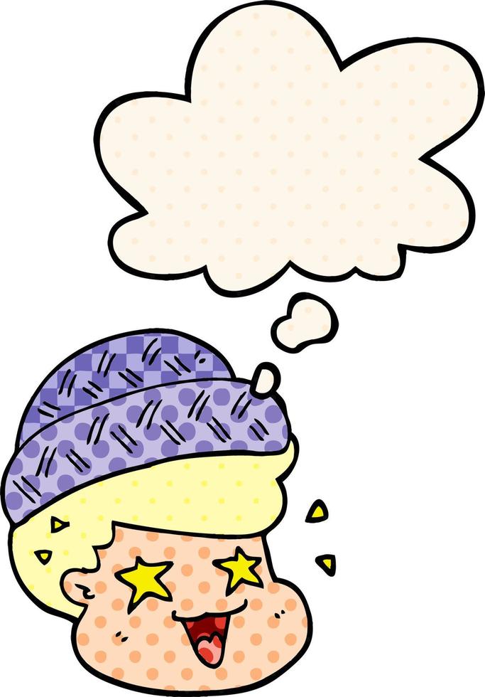 cartoon boy wearing hat and thought bubble in comic book style vector