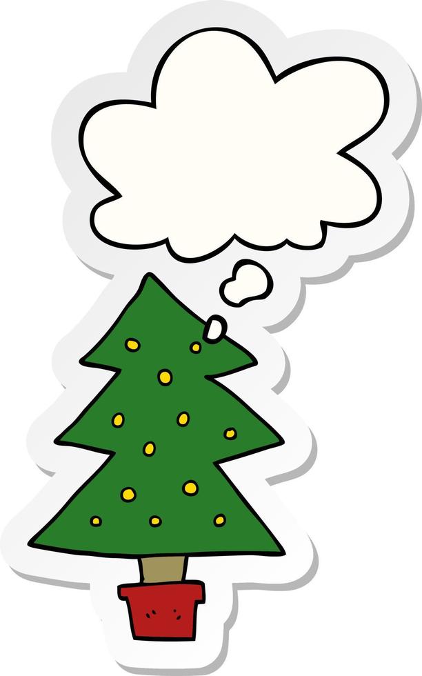 cartoon christmas tree and thought bubble as a printed sticker vector